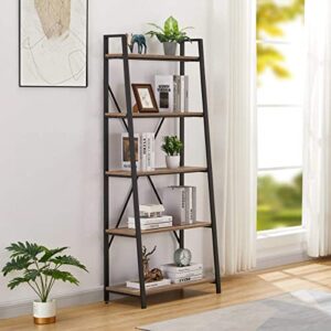 BON AUGURE Rustic Ladder Bookshelf Bookcase, Industrial 5 Tier Ladder Shelf Shelving Unit, Wood and Metal Leaning Shelves for Living Room (Vintage Oak)