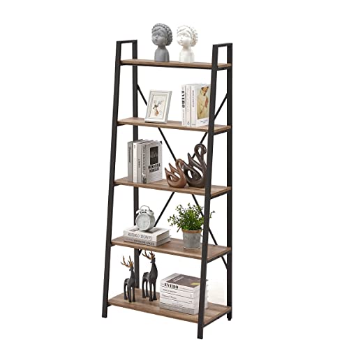 BON AUGURE Rustic Ladder Bookshelf Bookcase, Industrial 5 Tier Ladder Shelf Shelving Unit, Wood and Metal Leaning Shelves for Living Room (Vintage Oak)