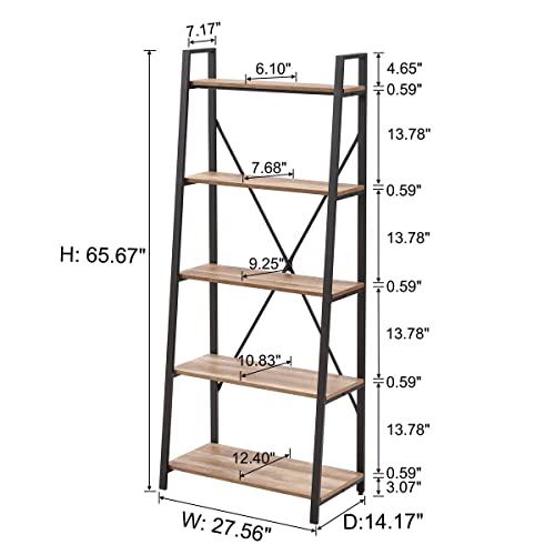 BON AUGURE Rustic Ladder Bookshelf Bookcase, Industrial 5 Tier Ladder Shelf Shelving Unit, Wood and Metal Leaning Shelves for Living Room (Vintage Oak)