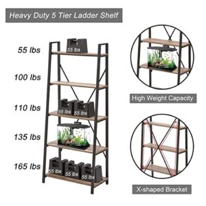 BON AUGURE Rustic Ladder Bookshelf Bookcase, Industrial 5 Tier Ladder Shelf Shelving Unit, Wood and Metal Leaning Shelves for Living Room (Vintage Oak)