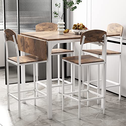 Merax 5 Pieces Farmhouse Counter Height Drop Leaf Dining Table Set with Chairs for 4, White Frame + Rustic Brown Tabletop