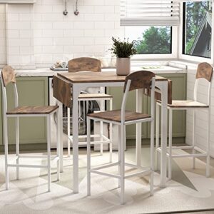 Merax 5 Pieces Farmhouse Counter Height Drop Leaf Dining Table Set with Chairs for 4, White Frame + Rustic Brown Tabletop