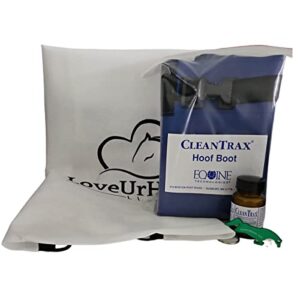 cleantrax hoof soaking kit for horses - hoof soaking boot, cleantrax equine hoof cleanser, storage bag with a horse shaped bottle opener.