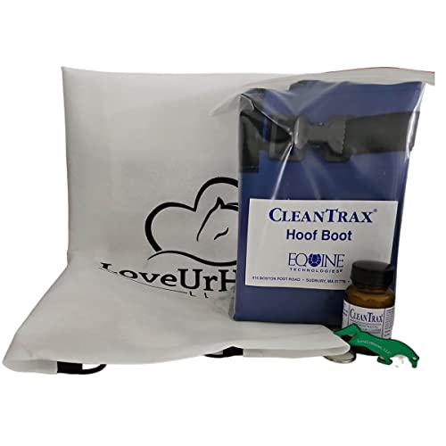 CleanTrax Hoof Soaking Kit for Horses - Hoof Soaking Boot, CleanTrax Equine Hoof Cleanser, Storage Bag with a Horse Shaped Bottle Opener.