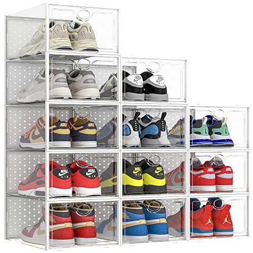 Pinkpum Extra Large Shoe Storage Boxes XXL Large Clear Plastic Stackable Shoe Organizer 12 Pack Sneaker Storage for Men Shoe Containers Fit for Size 14