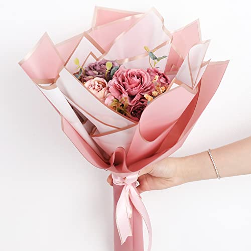 Whaline 30 Sheet Floral Wrapping Paper Folded Flat Pink Black White Waterproof Flowers Bouquet Packaging Paper with Rose Gold Border Double Sided Florist Packaging Paper for Wedding Birthday Flower Shop DIY Craft