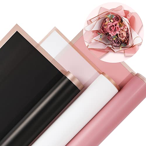 Whaline 30 Sheet Floral Wrapping Paper Folded Flat Pink Black White Waterproof Flowers Bouquet Packaging Paper with Rose Gold Border Double Sided Florist Packaging Paper for Wedding Birthday Flower Shop DIY Craft