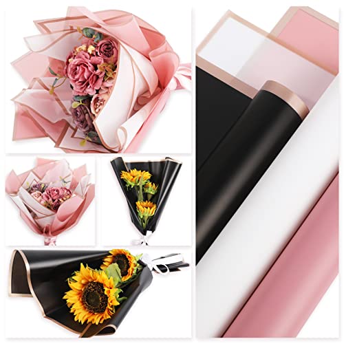 Whaline 30 Sheet Floral Wrapping Paper Folded Flat Pink Black White Waterproof Flowers Bouquet Packaging Paper with Rose Gold Border Double Sided Florist Packaging Paper for Wedding Birthday Flower Shop DIY Craft