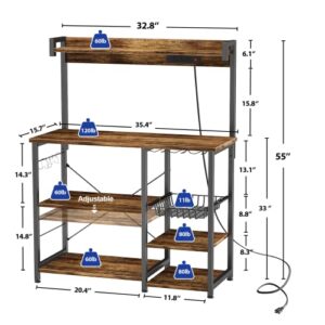 Topfurny Bakers Rack with Power Outlet, Microwave Stand, Kitchen Storage Shelf with Wire Basket, Coffee Bar Station with Wine Glass Holder, Kitchen Rack for Spices, Pots, and Pans, Rustic Brown