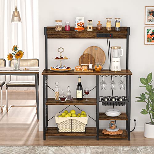 Topfurny Bakers Rack with Power Outlet, Microwave Stand, Kitchen Storage Shelf with Wire Basket, Coffee Bar Station with Wine Glass Holder, Kitchen Rack for Spices, Pots, and Pans, Rustic Brown