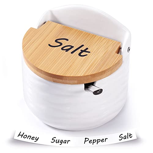 SOYESIN Salt Cellar with Labels, Ceramic Salt Container with Bamboo Lid and Spoon, Salt and Pepper Bowl for Home and Kitchen, Seasoning Box with Scoop for Sugar, Pepper, Spice, 9.43 OZ (273g) -White