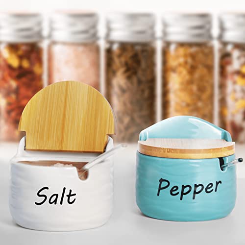 SOYESIN Salt Cellar with Labels, Ceramic Salt Container with Bamboo Lid and Spoon, Salt and Pepper Bowl for Home and Kitchen, Seasoning Box with Scoop for Sugar, Pepper, Spice, 9.43 OZ (273g) -White
