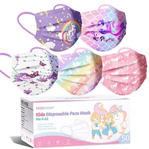 kids masks disposable 50pcs, unicorn kids mask for girls 4-12, breathable & protective face mask with individually package(butterfly,rainbow,mermaid)