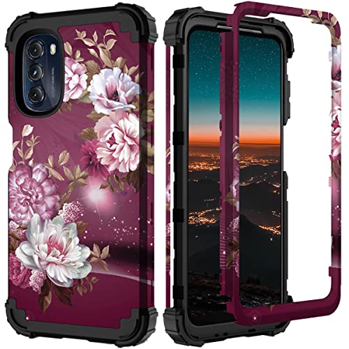 Hocase for Moto G 5G 2022 Case, Shockproof Heavy Duty Protection Soft Silicone Rubber Bumper+Hard Plastic Hybrid Protective Case for Motorola Moto G (2022) with 6.5" Display - Burgundy Flowers