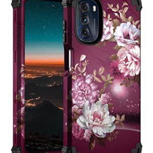 Hocase for Moto G 5G 2022 Case, Shockproof Heavy Duty Protection Soft Silicone Rubber Bumper+Hard Plastic Hybrid Protective Case for Motorola Moto G (2022) with 6.5" Display - Burgundy Flowers