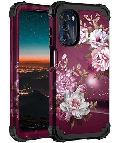 Hocase for Moto G 5G 2022 Case, Shockproof Heavy Duty Protection Soft Silicone Rubber Bumper+Hard Plastic Hybrid Protective Case for Motorola Moto G (2022) with 6.5" Display - Burgundy Flowers