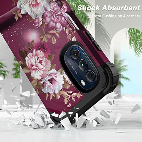 Hocase for Moto G 5G 2022 Case, Shockproof Heavy Duty Protection Soft Silicone Rubber Bumper+Hard Plastic Hybrid Protective Case for Motorola Moto G (2022) with 6.5" Display - Burgundy Flowers