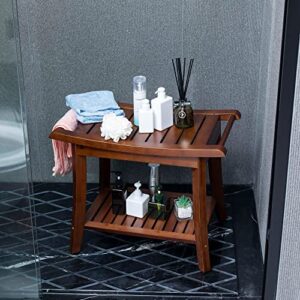 Forevich Bamboo Shower Bench Stool with Storage Shelf Waterproof Shower Chair Spa Bath Seat Excellent for Indoor Use Chestnut Brown