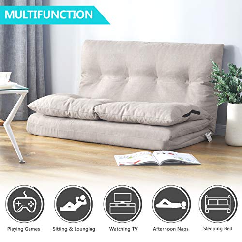 P PURLOVE Adjustable Floor Sofa Bed, Folding Lazy Sofa with 5 Reclining Position, Futon Floor Couch for Reading or Gaming in Bedroom/Living Room/Balcony, Beige