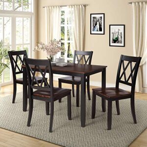knocbel 5-piece wood dining table set, elegant home kitchen table with 4 pcs comfort high backrest chairs (black with cherry)
