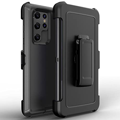 Bisbkrar Defender Case for Samsung Galaxy S22 Ultra 5G, Phone Case [Military Grade] 3 in 1 Shockproof Rugged Protective, Heavy Duty Bumper Cover for Galaxy S22 Ultra 5G(Black(with Belt Clip)) (Black)