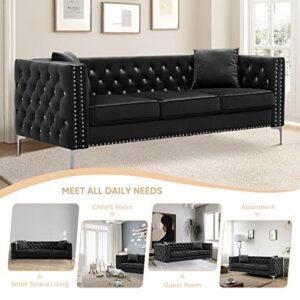 KINFFICT Velvet Sofa Couch, Modern Upholstered Living Room Sofa with 2 Pillows, 3 Seat Sofa with Nailhead Trim, Jeweled Button Tufted, Chrome Metal Legs (Black, 3 Seat)