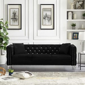 kinffict velvet sofa couch, modern upholstered living room sofa with 2 pillows, 3 seat sofa with nailhead trim, jeweled button tufted, chrome metal legs (black, 3 seat)