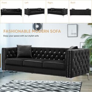 KINFFICT Velvet Sofa Couch, Modern Upholstered Living Room Sofa with 2 Pillows, 3 Seat Sofa with Nailhead Trim, Jeweled Button Tufted, Chrome Metal Legs (Black, 3 Seat)