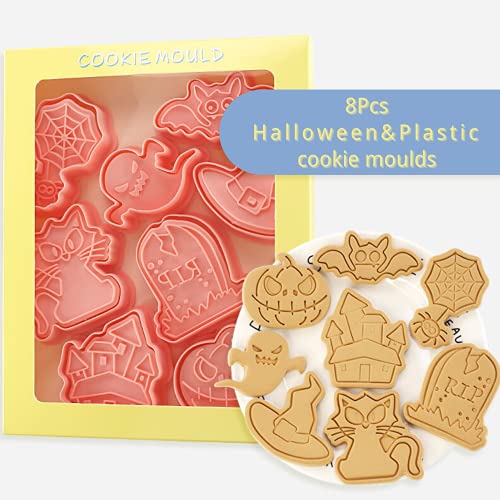 Crethinkaty Halloween Cookie Cutters-8Pieces Halloween Cookie Cutters and Stamps,Plastic Halloween Cookie Cutter Set,Pumpkin,Ghost,Cat,Castle,Tombstone,Bat,Spider,Hat-3D Halloween Cookie Molds.