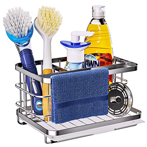 Consumest 5-in-1 Sink Caddy Kitchen Sink Organizer with Drip Tray, Multifunctional Sponge Holder for Kitchen Sink, Rustproof Stainless Steel Sink Sponge caddy for Dishcloth, Sponge, Brush - Silver