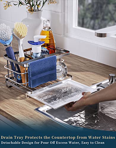 Consumest 5-in-1 Sink Caddy Kitchen Sink Organizer with Drip Tray, Multifunctional Sponge Holder for Kitchen Sink, Rustproof Stainless Steel Sink Sponge caddy for Dishcloth, Sponge, Brush - Silver