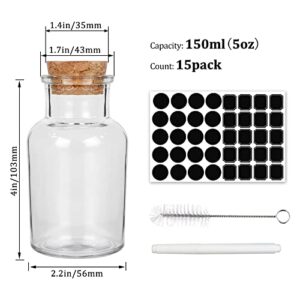 Keketin 24 Pack Glass Jars Bottles with Cork Lids,5oz Herb Bottles 150ml Spice Jars with 215 Labels,Clear Glass Decorative Jars for Tea Leaves,Spices,Nuts,Seasonings or Party Favors