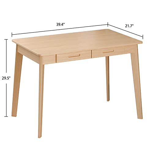 AIEGLE Wood Computer Desk Writing Table with 2 Drawers, 39 inch Home Office Workstation, Natural Color (39.4" L x 21.7" W x 29.5" H)