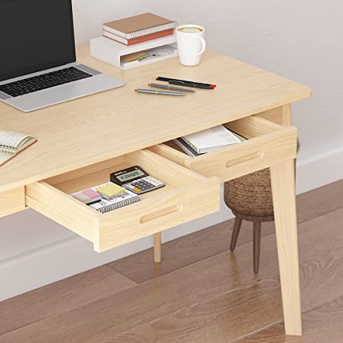 AIEGLE Wood Computer Desk Writing Table with 2 Drawers, 39 inch Home Office Workstation, Natural Color (39.4" L x 21.7" W x 29.5" H)