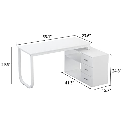 AIEGLE L-Shaped Computer Desk with 3 Drawers & Adjustable Shelves, Corner Study Desk Writing Table, Executive Workstation for Home Office, White (55.1" L x 41.3" W x 29.5" H)