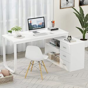 AIEGLE L-Shaped Computer Desk with 3 Drawers & Adjustable Shelves, Corner Study Desk Writing Table, Executive Workstation for Home Office, White (55.1" L x 41.3" W x 29.5" H)