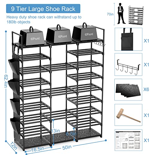 Large Shoe Rack Organizer Storage, 9 Tier Tall Shoes Rack for Entryway Closet, 60 Pair Shoe Organizer Shelf Stand, Big Black Metal Free Standing Shoe Cabinet Rack Tower for Bedroom Cloakroom Hallway