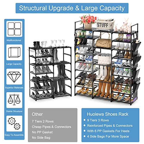 Large Shoe Rack Organizer Storage, 9 Tier Tall Shoes Rack for Entryway Closet, 60 Pair Shoe Organizer Shelf Stand, Big Black Metal Free Standing Shoe Cabinet Rack Tower for Bedroom Cloakroom Hallway