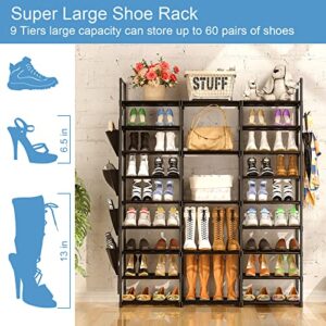 Large Shoe Rack Organizer Storage, 9 Tier Tall Shoes Rack for Entryway Closet, 60 Pair Shoe Organizer Shelf Stand, Big Black Metal Free Standing Shoe Cabinet Rack Tower for Bedroom Cloakroom Hallway