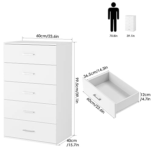 TTVIEW 5 Drawer Dresser Chest, Freestanding Dresser Storage Tower with Metal Handles, White Storage Cabinet for Living Room, Kitchen, Entryway, Closet