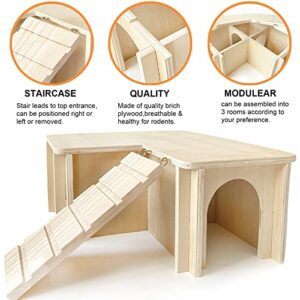 Chngeary Guinea Pig Hideout and House: Multi Chamber Wooden Guinea Pig Castle with Ladder, Cage Accessories for Chinchilla Dwarf Rabbits Hamster Bunny and Others