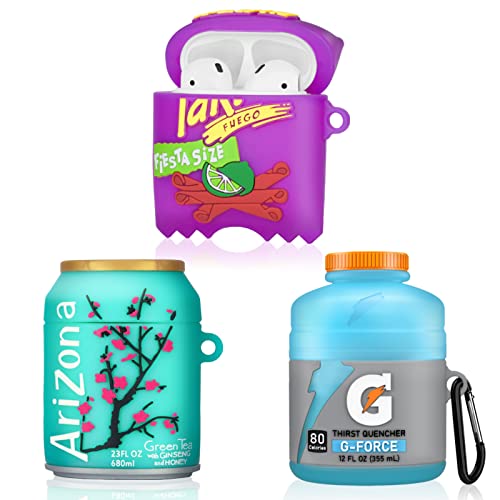 (3 Pack) Cute Airpod Case for Airpods 2&1,3D Drink Kawaii Silicone Cartoon Food Funny Protective Cover Accessories Skin for Airpod 1&2 Gen Charging Case for Girls Boys-(Arizona+Sport Water+Takis)