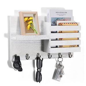 pinpon wall mounted mail holder wood key holder and mail sorters with 6 hooks wall key hanger letter bills magazine organizer rack for farmhouse entryway hallway office, rustic white