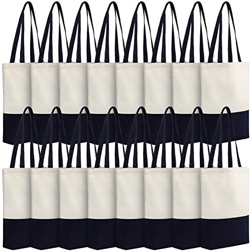 16 Pack Canvas Tote Bags Cotton Grocery Totes Navy Blue and Natural Large Shopping Totes Bags Reusable Canvas Bags Bulk with Handle for Women Men Kitchen DIY Multipurpose Totes Set