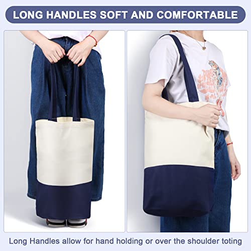 16 Pack Canvas Tote Bags Cotton Grocery Totes Navy Blue and Natural Large Shopping Totes Bags Reusable Canvas Bags Bulk with Handle for Women Men Kitchen DIY Multipurpose Totes Set