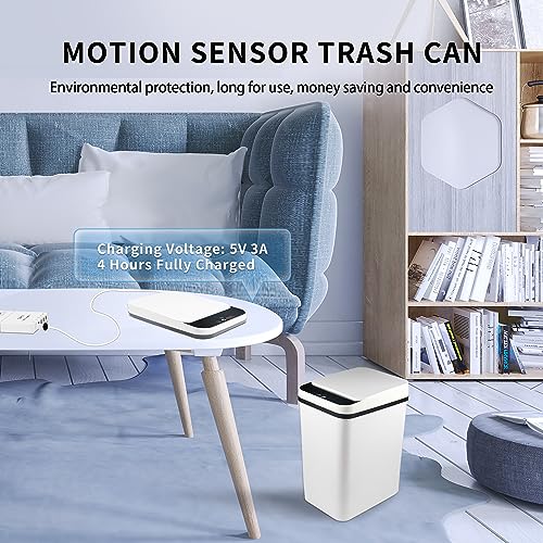 TemphytBong White Automatic Touchless Narrow Covered Bathroom Trash Can with Lids 2.5 Gallon Slim Motion Sensor Trash Can for Kitchen Bedroom Office Toilet Rechargeable Plastic Lidded Garbage Can