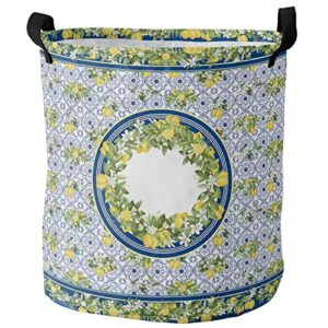 laundry basket blue tiles yellow lemons green foliage,waterproof collapsible clothes hamper farm fruits summer plants,large storage bag for bedroom bathroom 16.5x17in