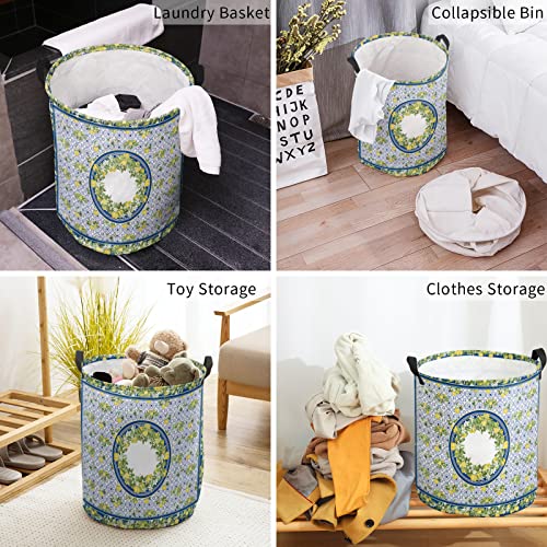 Laundry Basket Blue Tiles Yellow Lemons Green Foliage,Waterproof Collapsible Clothes Hamper Farm Fruits Summer Plants,Large Storage Bag for Bedroom Bathroom 16.5x17In