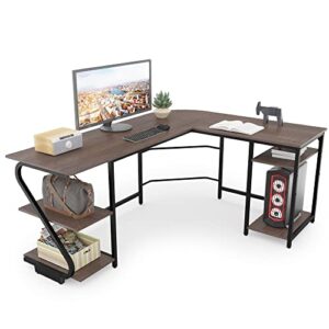 merronix l shaped computer desk with shelves, reversible gaming corner desk, modern home office desk pc workstation space saving, dark brown