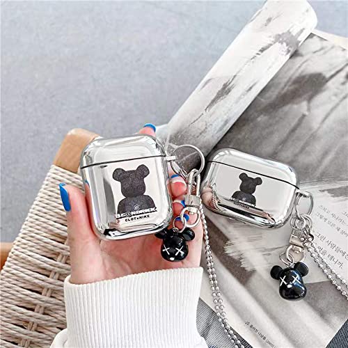 Electroplated Airpod Case Designed for AirPod Pro Full Protective Case Cover with Keychain Cute Girls Men Durable Shockproof Anti Lost Case for Airpod PRO Charging Case (Square Bear)